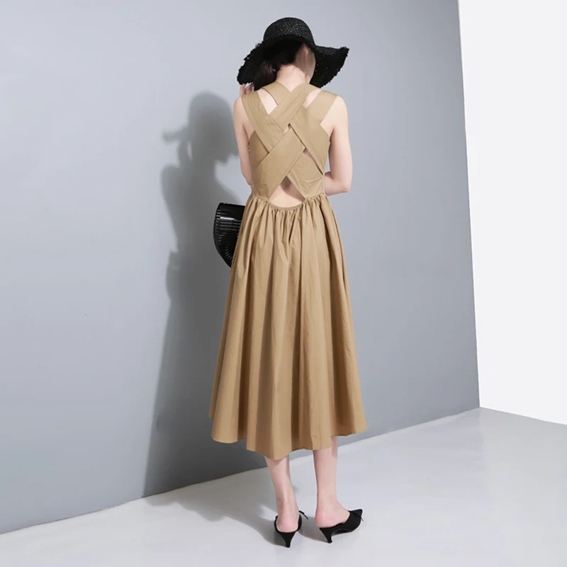 TWOTWINSTYLE, женское платье с открытой спиной, из кусков, без рукавов, сексуальная туника, высокая талия, Драпированное, ТРАПЕЦИЕВИДНОЕ, миди платье-жилет,, летнее, элегантное - Цвет: khaki