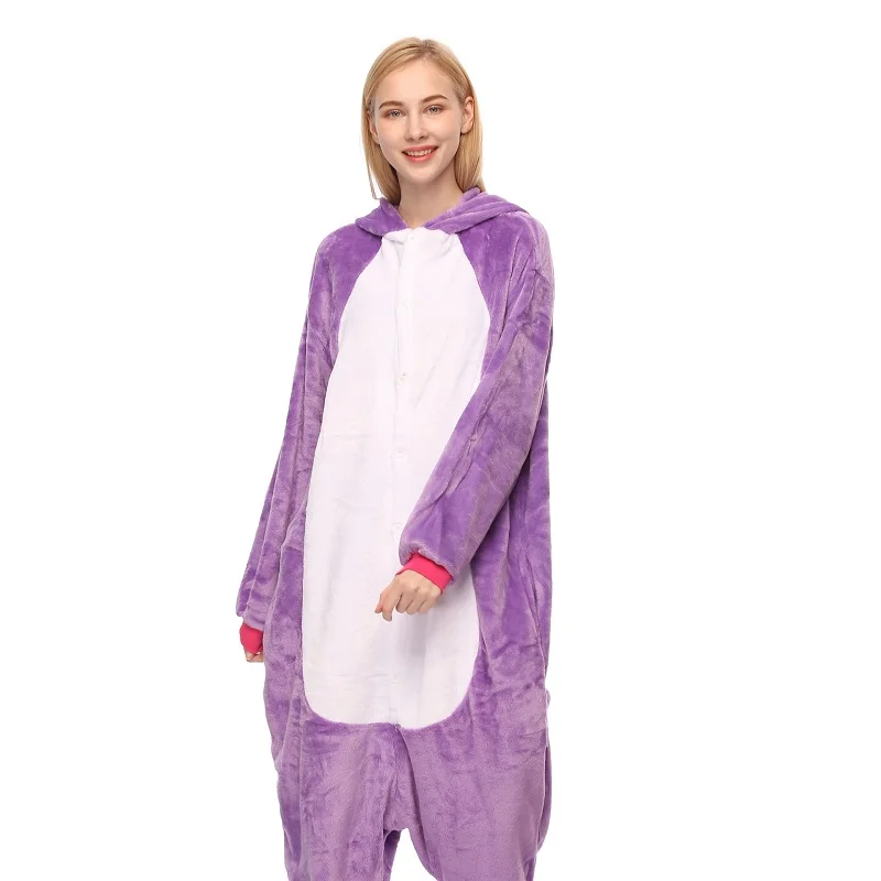 Унисекс кигуруми Единорог пижамы взрослых животных Аниме Косплей Onesie Ститч панда фланель для женщин мужчин мультфильм милые теплые пижамы - Цвет: Purple Pegasus