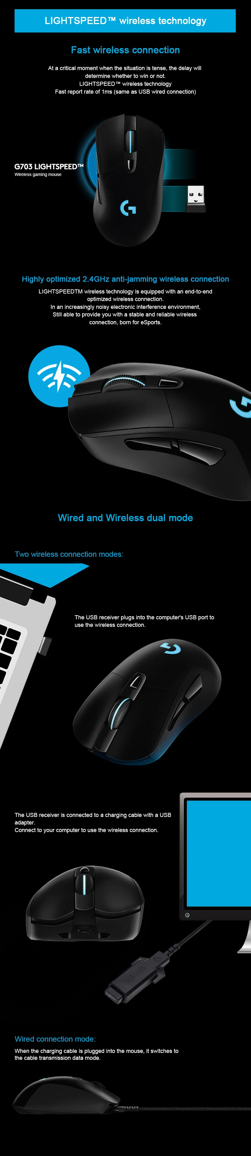 Logitech G703 Беспроводной игровой Мышь с RGB для Мышь геймер 12000 Точек на дюйм PMW3366 Сенсор 2,4 ГГц оптический Мышь