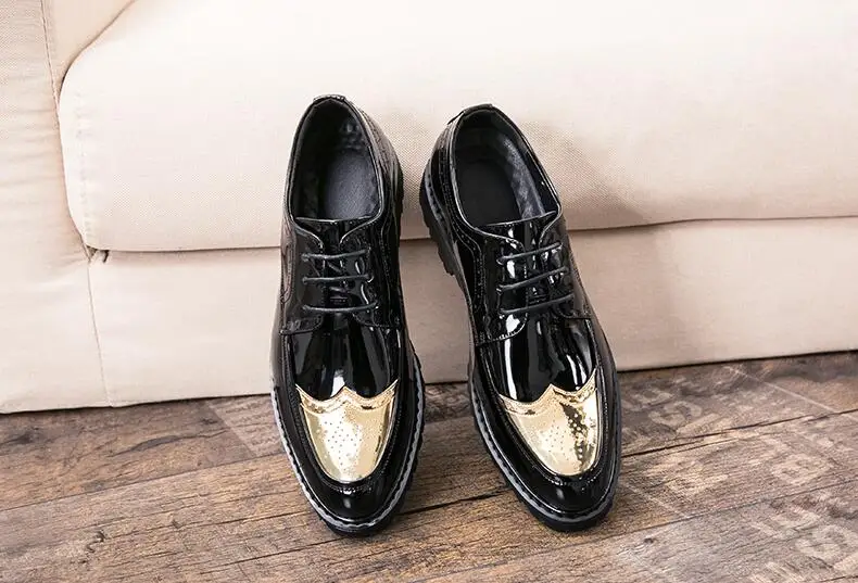 Туфли мужские на платформе заостренный носок резные броги натуральная лакированная кожа шнуровке