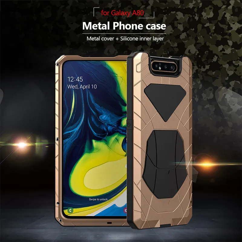 For Samsung Galaxy A80 Phone Case Hard Aluminum Metal Tempered Glass Screen Gift Protector Cover Heavy Duty Protection Cover