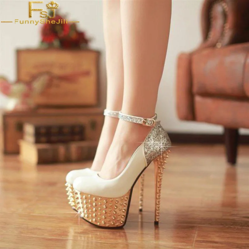 

FSJ Fashion White Bling Rivet Platform Stiletto Heel Women Pumps Ankle Strap Glitter Shoes Red and Black Novelty Party Date 2021