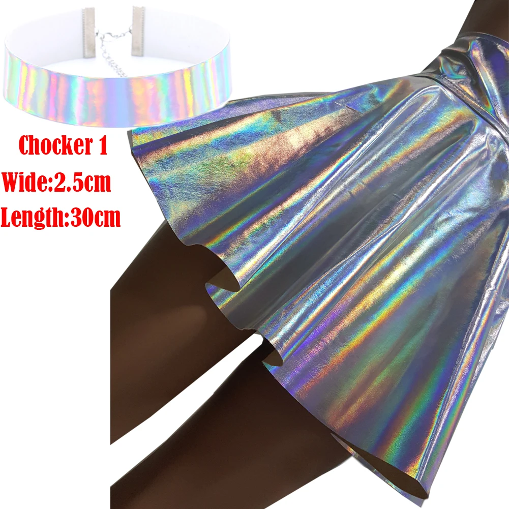 367 skirt chocker 1 Harajuku Серебряная голографическая Женская виниловая юбка голографические одежды для рейва фестиваля наряды лазерная голограмма фольга ткань юбка для скейтера - Цвет: 367 skirt chocker 1