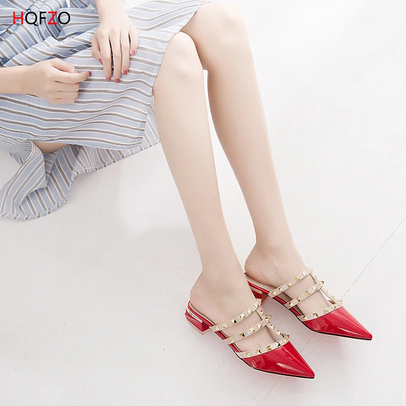 HQFZO Rivet Patent Leather Sandals Pointed toe Slippers Closed Toe Slingback Slip On Comfortable Women Summer Shoes Flats Mujer | Обувь