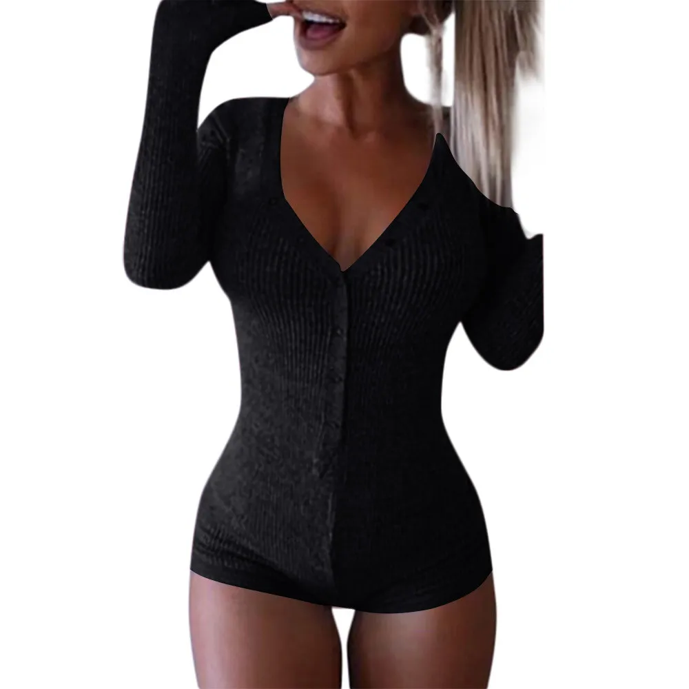

Womens deep v Neck Bodysuit Stretch Long Sleeve Jumpsuit Shorts Pants Playsuit Single-breasted knitted long-sleeved jumpsuit