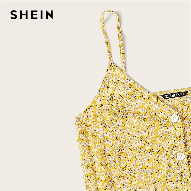 SHEIN Цветочное Платье На Бретелях С Пуговицами, Сарафан С Цветочным Принтом, Летнее Повседневное Прямое Платье