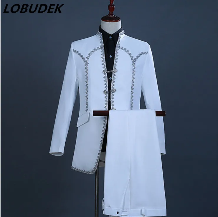 

England Style Court Clothing Men's Suits White Blazers Pants Singer Chorus Costume Wedding Groom Suit Host Stage Show Clothes