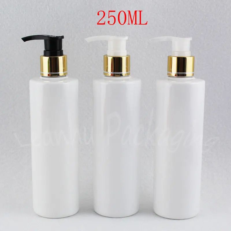 250ML White Flat Shoulder Plastic Bottle With Gold Lotion Pump , 250CC Empty Cosmetic Container , Shampoo / Lotion Sub-bottling