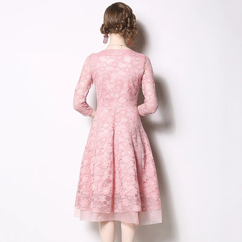 

European Style Spring Summer Lace Dress Women Vintage Jacquard A-line Dresses Waist Hollow Out Retro Swing Vestidos