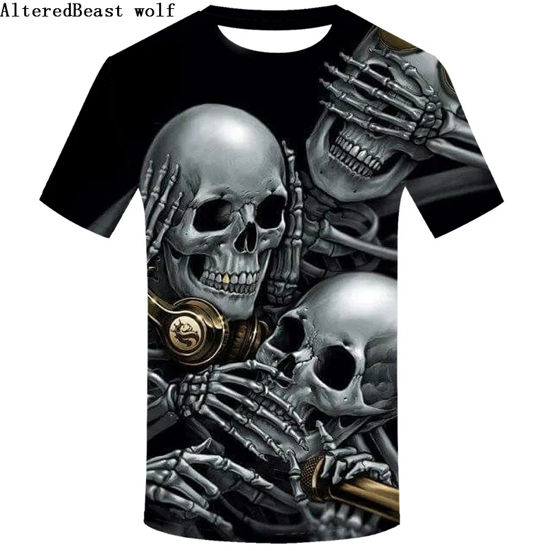 Мужская Повседневная футболка с 3d рисунком черепа черная короткими рукавами в
