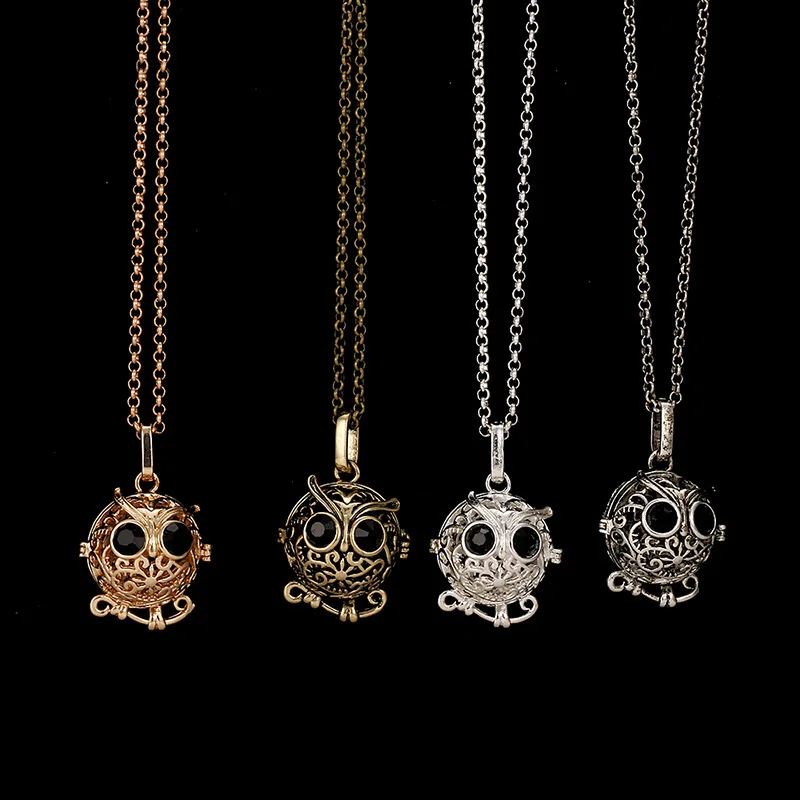 4 colour black crystal Chime ball owl Locket Necklace Vintage Pregnancy Necklace for Aromatherapy Essential Oil SYYF0104