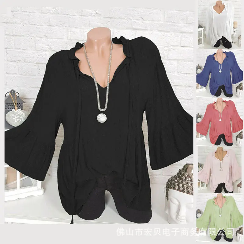 Large size women's shirt 2019 autumn Blouse solid color lotus leaf collar seven-point sleeve black 4XL 5XL |