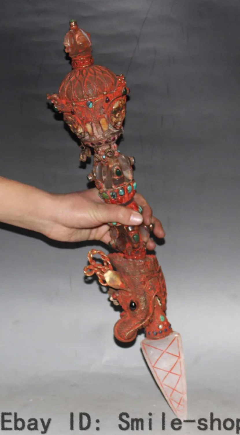 22&quot Tibet Crystal inlay Ruby Beryl Hayagriva Vajrakila Fa Qi Dagger Vajra Pestle |
