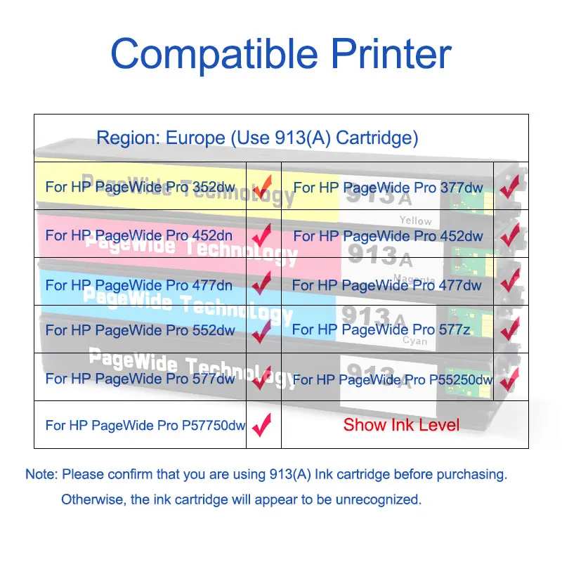 Ocinkjet 913 для HP 913A Восстановленный картридж с чернилами PageWide Pro 352dw 377dw 452dn 477dn 552dw 577dw
