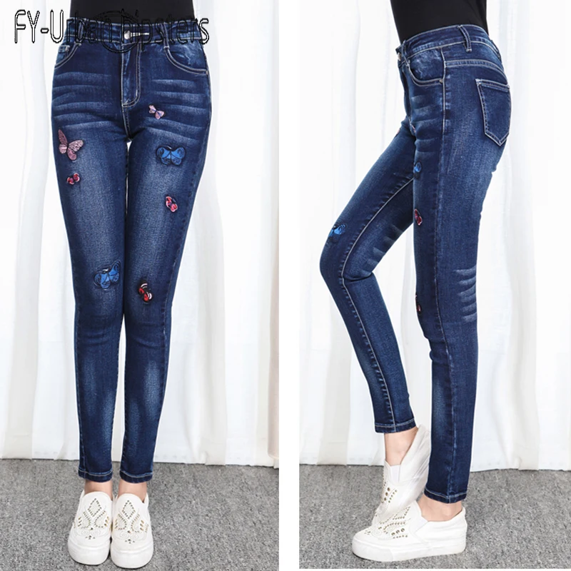 slim jeans for women skinny high waist woman stretch elastic denim cotton pencil pantsbutterfly Embroidered big size |