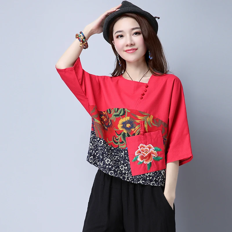 Женская рубашка из хлопка и льна с вышивкой рукавом до локтя|sleeve women|plus size blousesblouses
