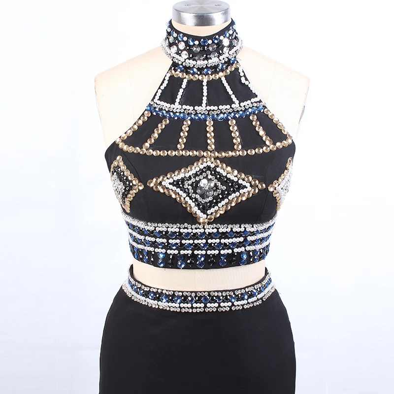 123013 Вт Vestidos De Fiesta модные Средства ухода за кожей Шеи пол Длина Кристалл бисера Разделение Вечерние платья Красный две части Выпускные платья