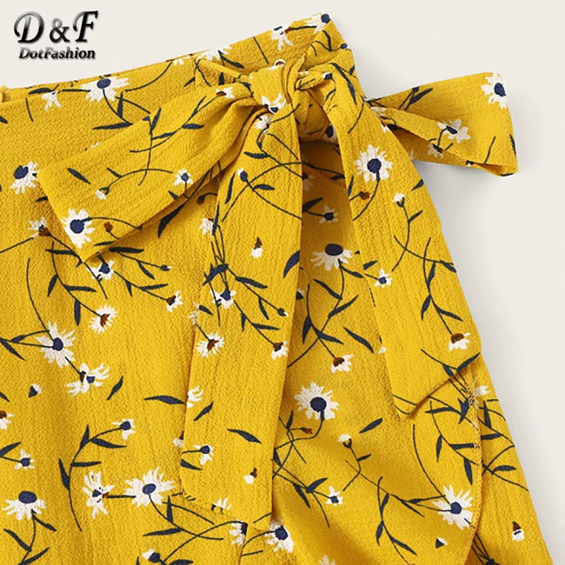 Dotfashion Женская облегающая юбка с цветочным принтом и рюшами на подоле, с бантом,, Boho, летние повседневные женские юные модные асимметричные юбки