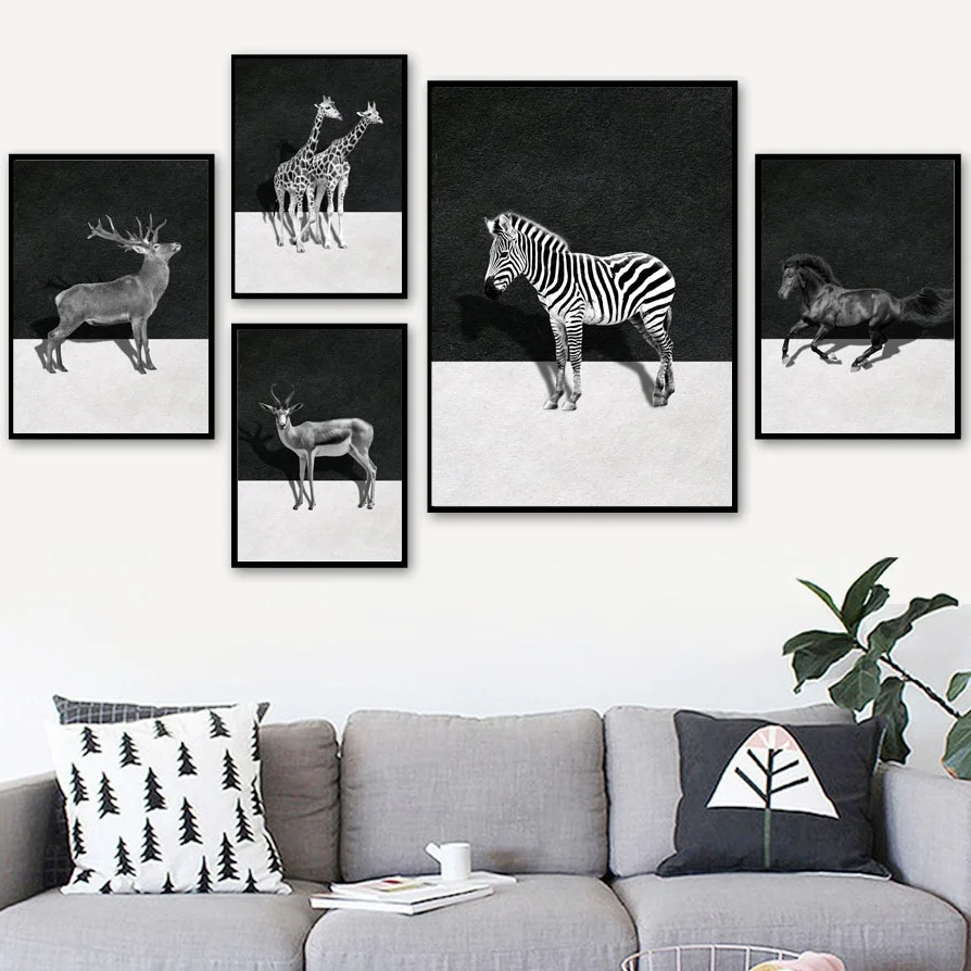 

Black White Zebra Horse Giraffe Antelope Elk Wall Art Canvas Painting Nordic Posters And Prints Wall Pictures For Living Room