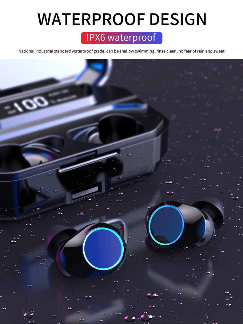 Светодиодный bluetooth-наушник с дисплеем питания высшего класса, настоящая беспроводная водонепроницаемая гарнитура, сенсорные наушники с регулировкой громкости, чехол для большой зарядки