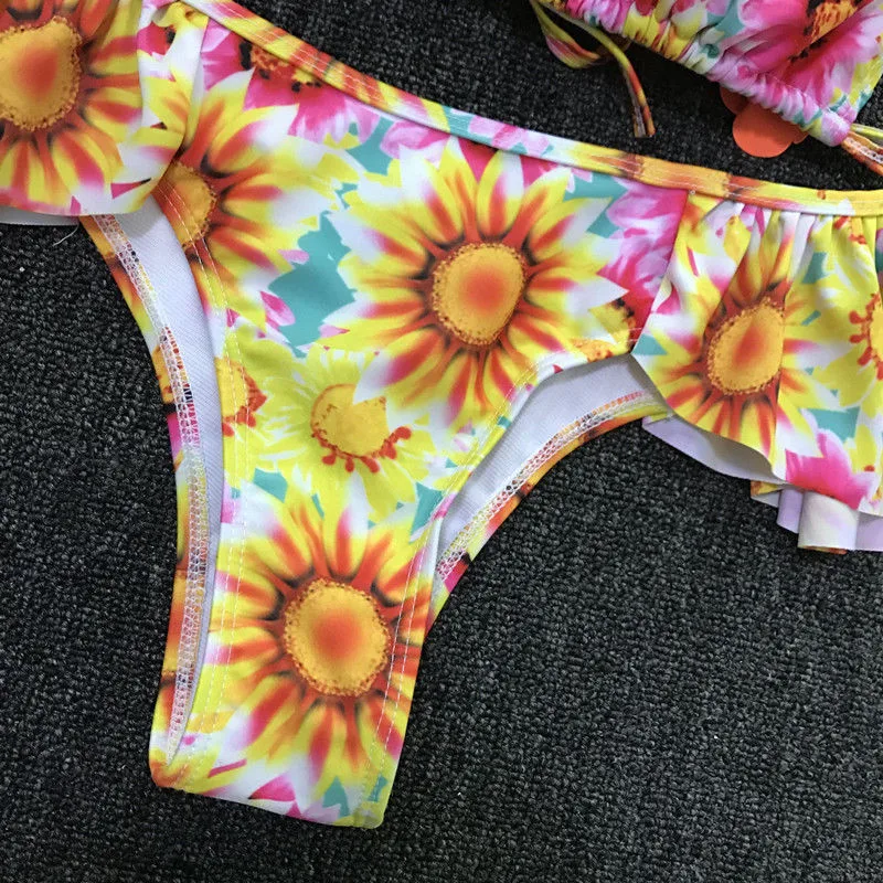 Women print biquini set sexy Flower patchwork Brazilain Padded maillot de bain femme Ruffles bandage Triangle swimsuit beachwear |