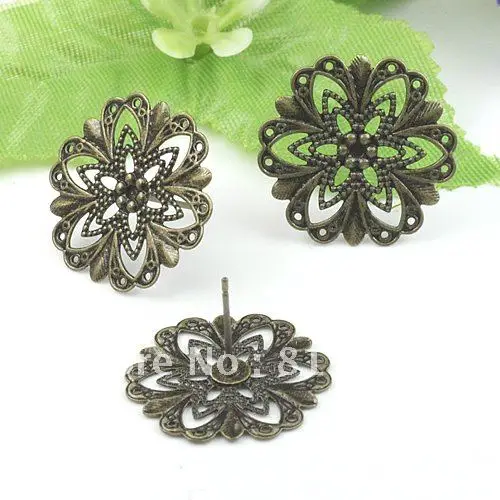 

20mm Antique Bronze tone Plated Blank Earrings Bases Flat Filigree Flower pads Stud Earrings Post Diy Crafts Settings Findings