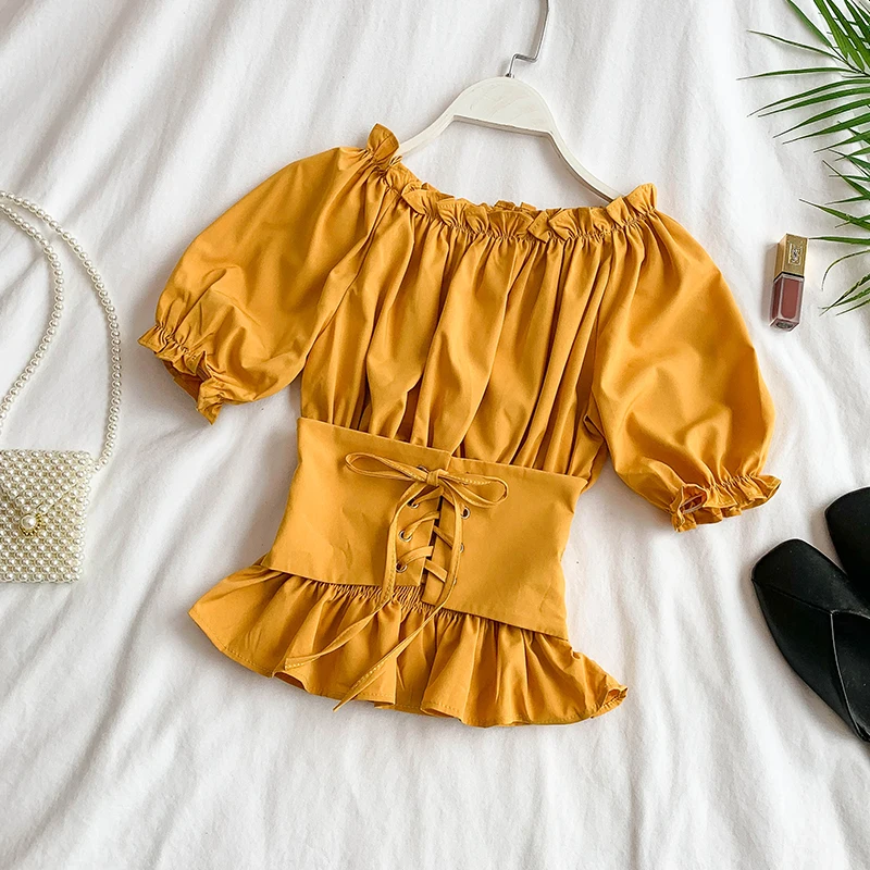 OCEANLOVE Solid Puff Sleeve Short Blouse Women Slash Neck Off Shoulder Top Shirt 2020 Summer Belt Lace Up Korean Blusas 11890 |