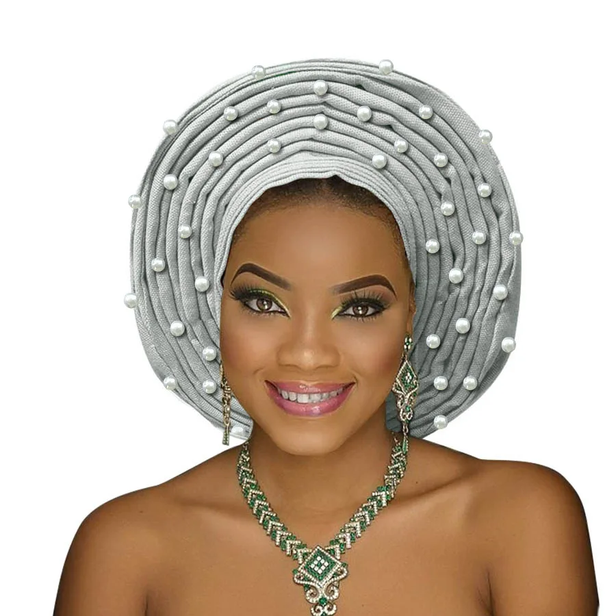 white Aso oke головной убор с бисером aso oke нигерийский головной убор Африканский Авто геле aso ebi женский тюрбан красивый головной убор для свадьбы - Цвет: white