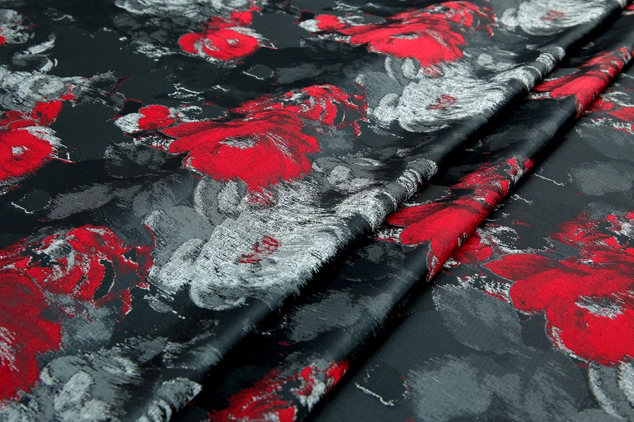 Модная ткань от кутюр черный серый и красный Абстрактный Цветочный Жаккард для