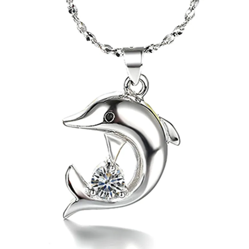 

925 Sterling Silver Fashion Elegant Dolphin Crystal Zircon Necklace Exquisite Silver Chain
