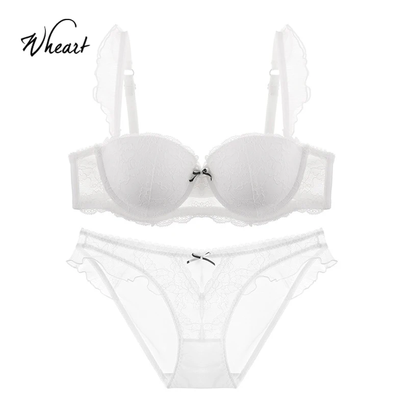 

Wasteheart Women Fashion Pink Underwire Padded Lace Trim Straps Bras Cotton Panties Push Up Bra Set Sexy Lingerie Set Underwear