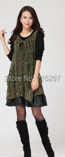 2014 new design women fashion big size two pcs set dress mesh cotton plus long sleeve loose slimming comfortable elegant | Женская