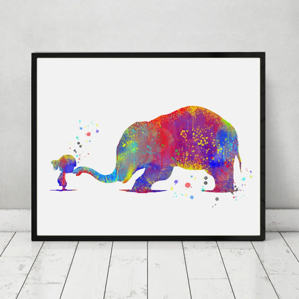 Красивая девушка со слоном художественный принт детский подарок акварельный