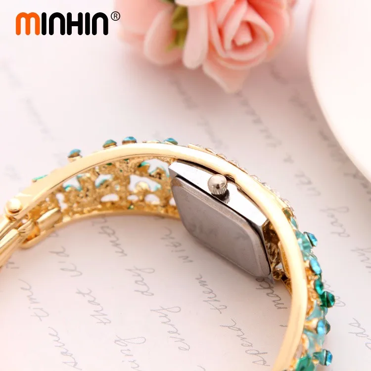 Часы MINHIN Brilliant, 5 цветов, браслет для женщин, золотой цвет, Хрустальный цветок, дизайн, Браслет-манжета, кварцевые часы, повседневные наручные часы