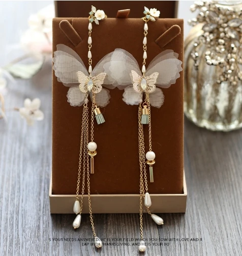 Super fairy butterfly female lo ng tassel earrings bride wedding dress rhinestones without pierced ear clips | Украшения и