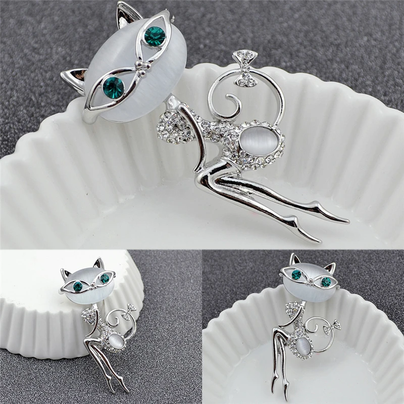 Elegant Noble Lady Cat Opal Crystal Brooch Korea High Quality Collar Pin Personality Clothing Accessories | Украшения и