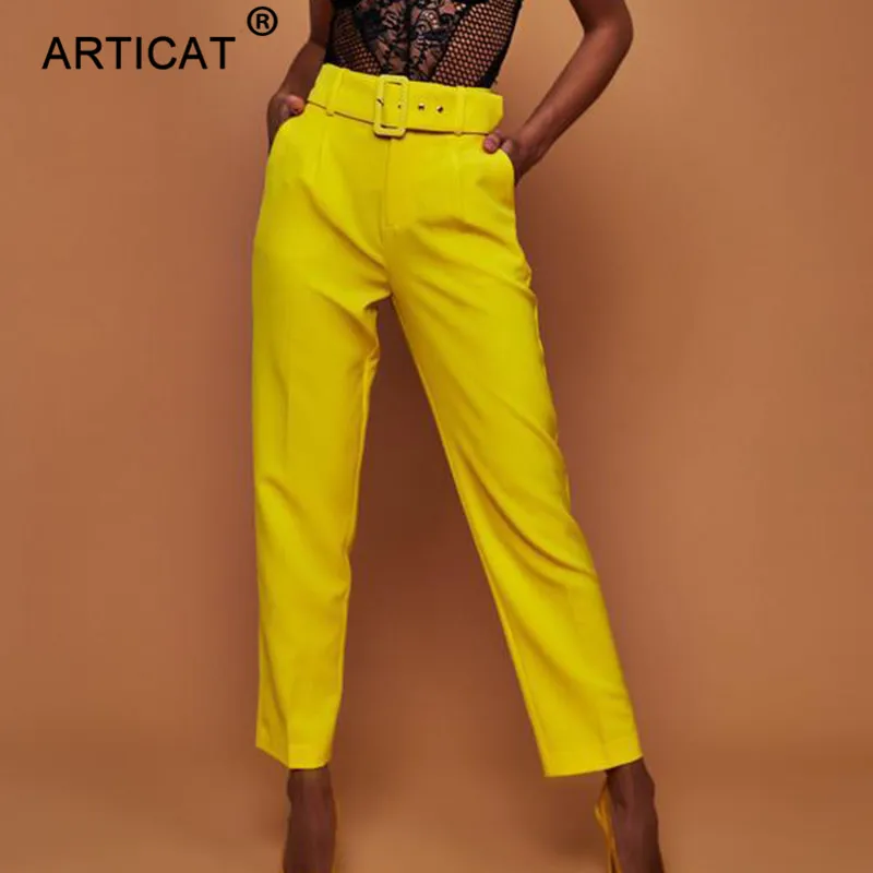 Yellow Articat, сексуальные летние женские брюки с высокой талией, модные, с карманами, с поясом, прямое платье, Офисная Леди, повседневные женские брюки, уличная одежда - Color: Yellow