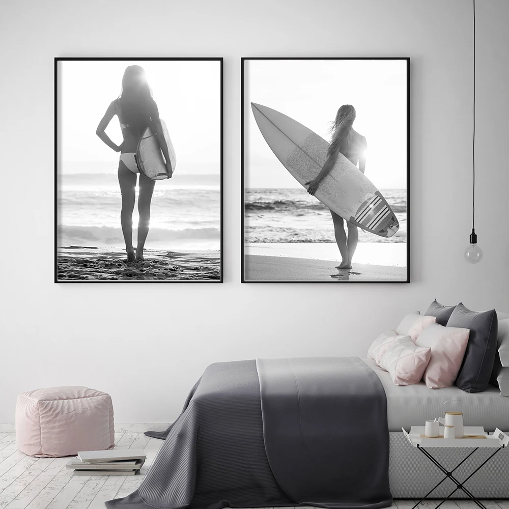Куадрос доски для серфинга девочек Wall Art Холст Картина Рисунок Nordic Плакаты и