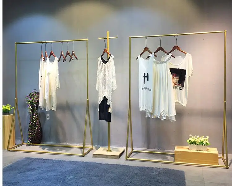 Clothing store display rack gold clothing rack women's wear store shelf hanging clothes rack clothes rack iron art simplicity.