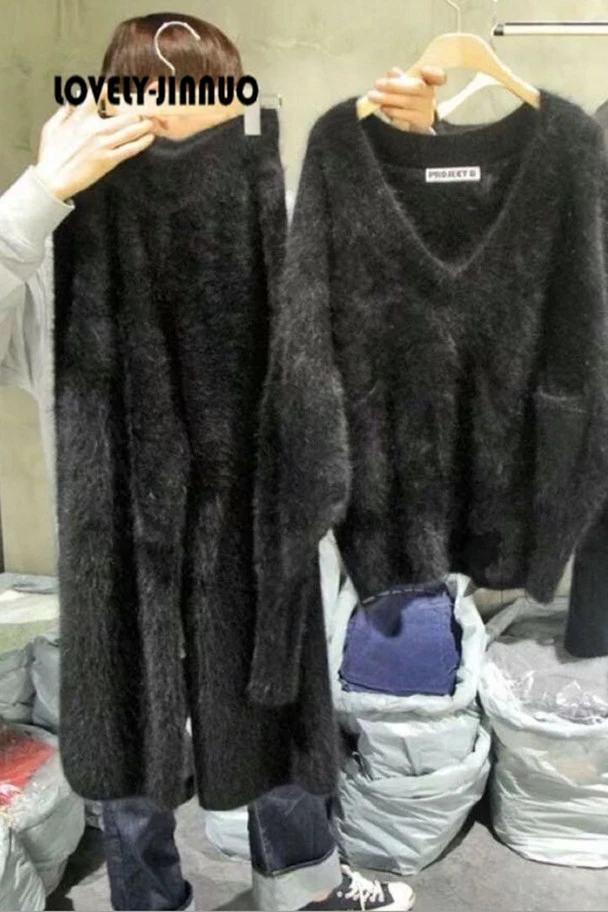 Exclusive custom Plush mink cashmere sweater set loose Elastic Waist Wide Leg Pants knitted suits JN441 | Женская одежда