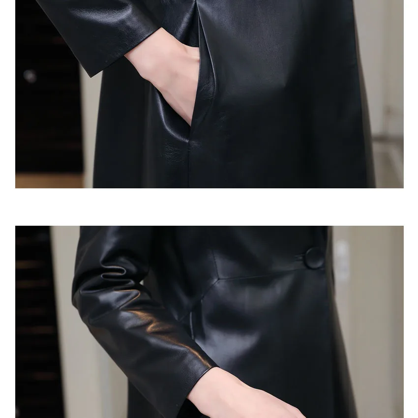 Женское пальто из натуральной овечьей кожи Длинная кожаная куртка с отложным