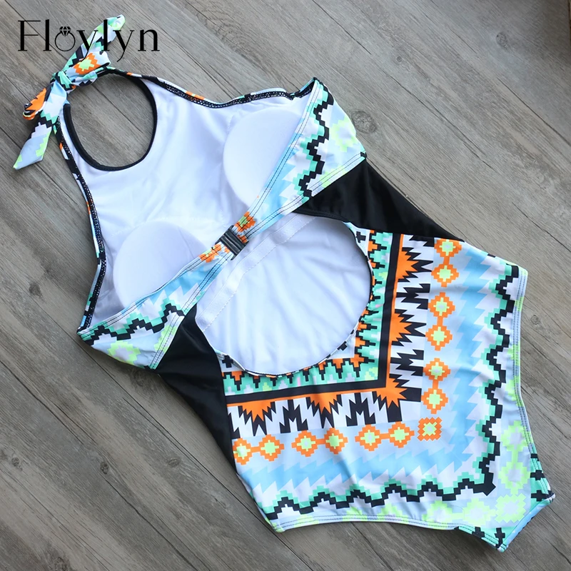FLOYLYN сексуальный цельный купальник с геометрическим принтом женский открытой