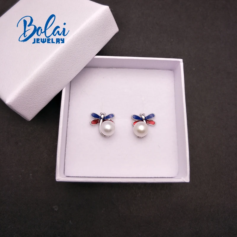 Bolaijewelry, жемчужные серьги-гвоздики круглый 7,0 мм Стрекоза простой дизайн 925 стерлингового серебра ювелирные украшения для девочек подарок на день рождения