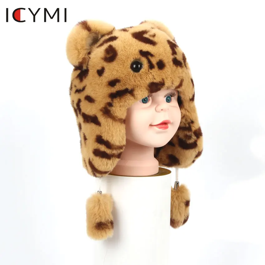 ICYMI Cute Winter Bear fur hat boys girls real rabbit hat children earmuffs warm fur Bomber hats rabbit fur caps