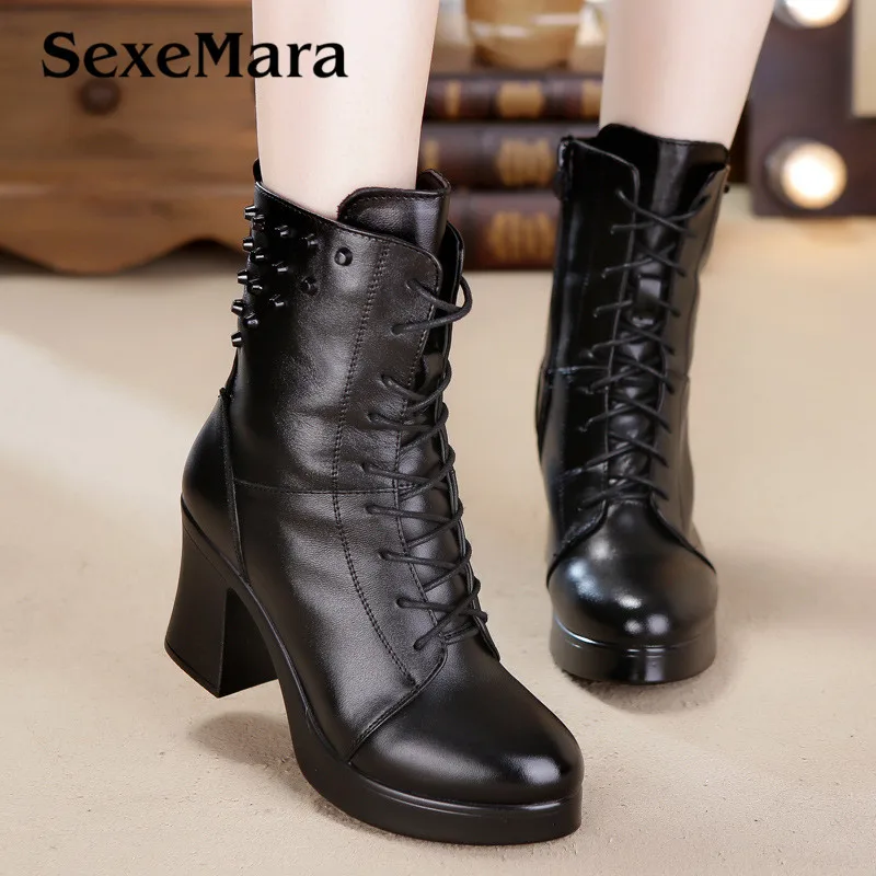 

Fashion Black Motorcycle Boots Women High Heel winter warm Lace-up Woman genuine leather boots Mid-Calf Red Laides Rive shoes