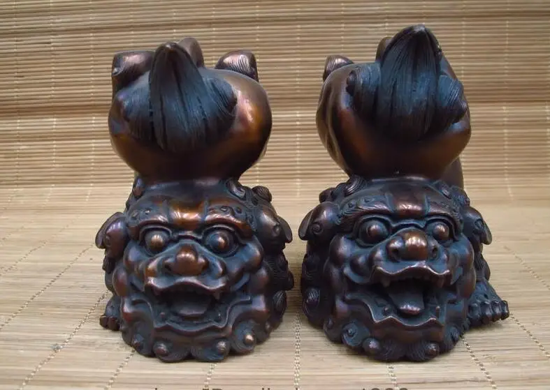China Royal Red Bronze Evil Guard Door Foo Dog Lion Feng Shui Kylin Kilin Pair | Дом и сад