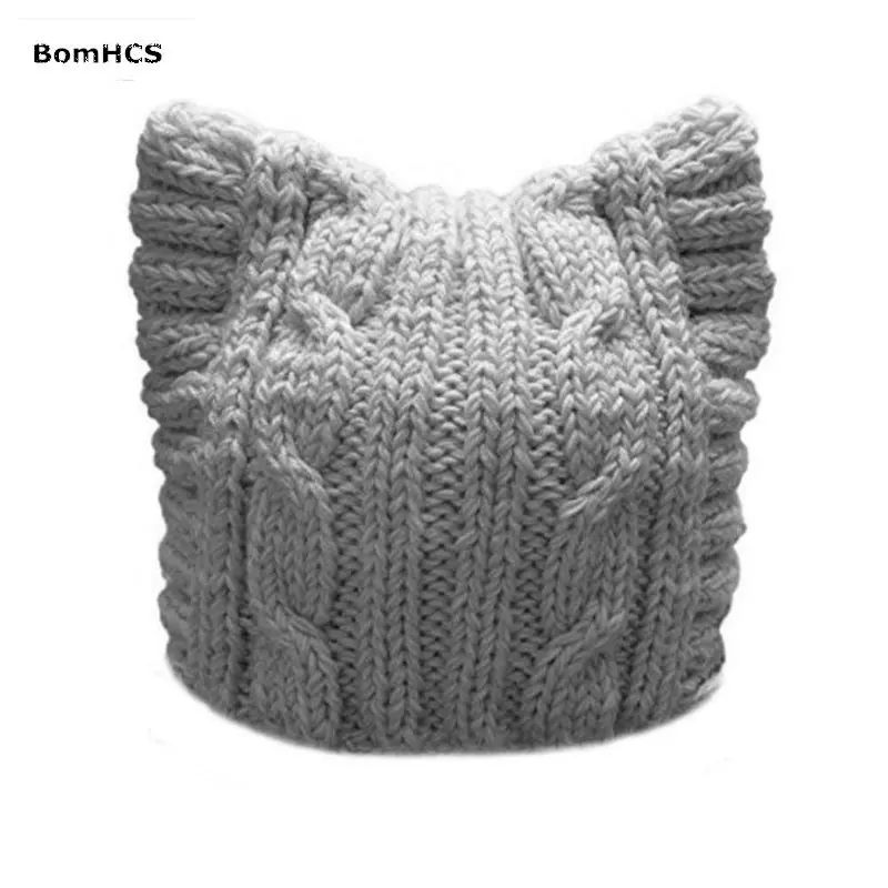 BomHCS, ручная работа, вязаная женская шапка с кошачьими ушками - Цвет: Светло-серый