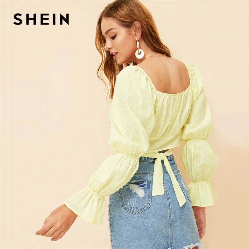 SHEIN Укороченный Топ С Открытой Спиной И Глубоким Вырезом, Блузка С Оригинальными Рукавами