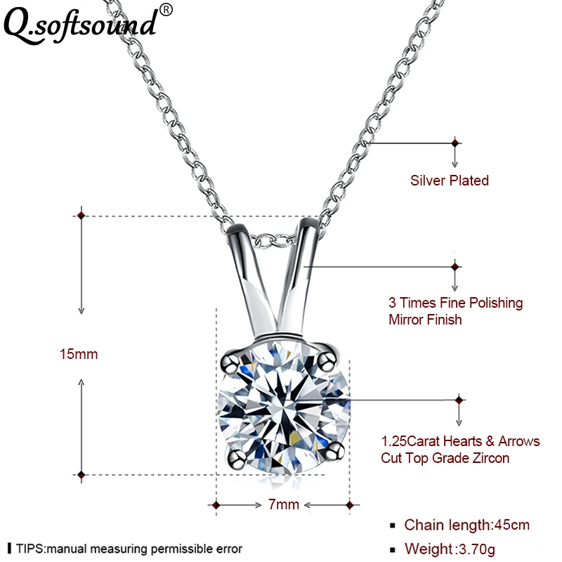 Classic 1.25ct Solitaire Hearts and Arrows CZ Stone Pendant Necklaces Women Silver Color Zirconia Jewelry Gifts For QN1140 | Украшения и