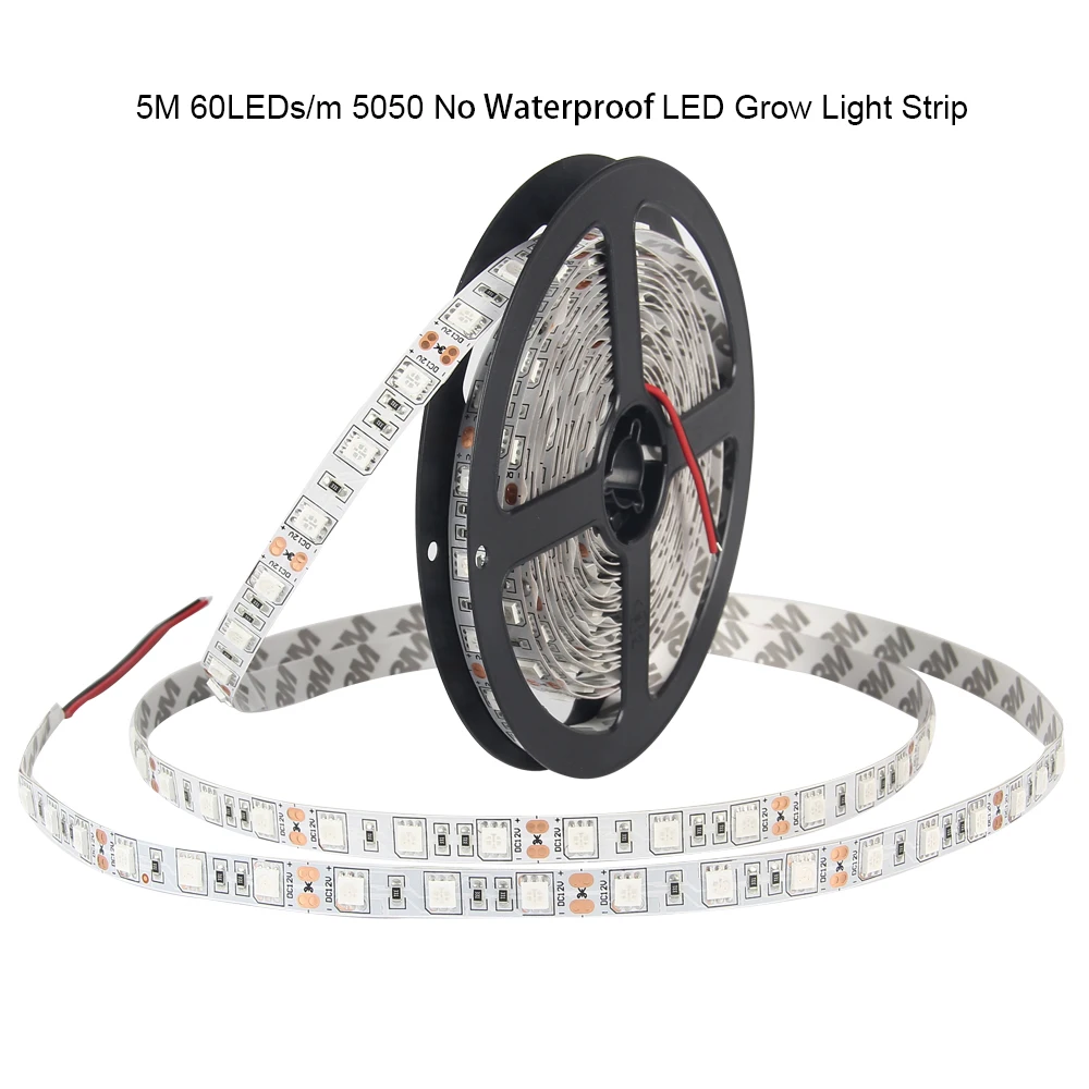 1 комплект 5050 LED Grow Lights DC 12V без водонепроницаемого 5M растущая Светодиодная лента